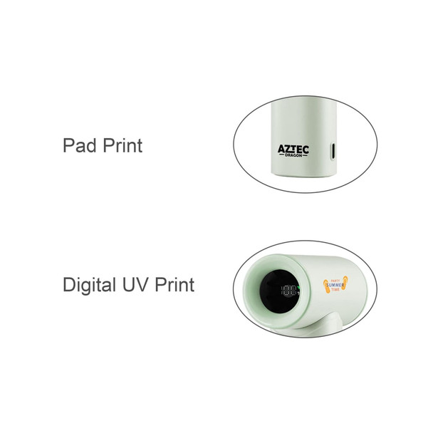 A high-speed portable handheld fan in white with a branding logo. Features a power button for operation.