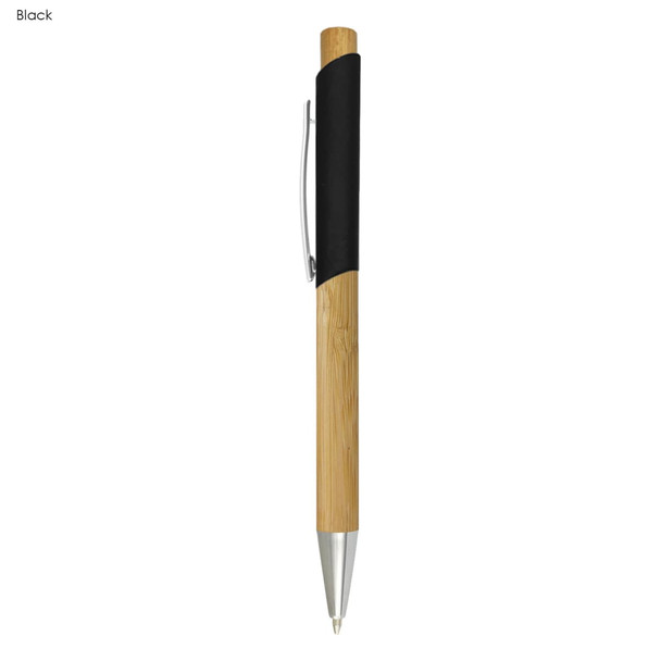 A bamboo pen featuring a black grip and silver clip, showcasing a natural wooden finish.