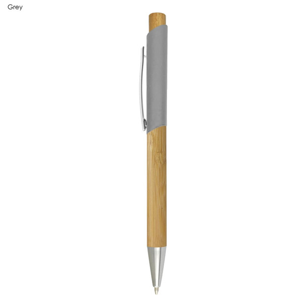 A bamboo pen featuring a grey barrel and silver clip. The pen showcases a natural wooden design.