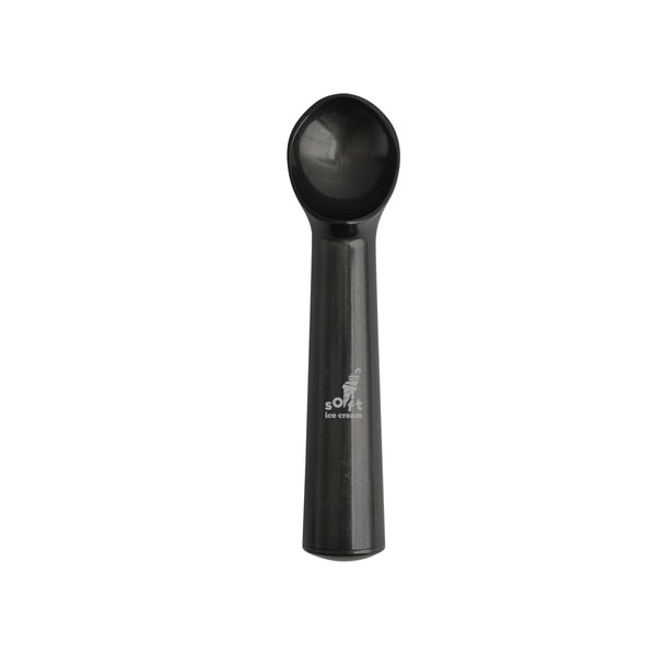 A black ice cream scoop with a smooth handle and a rounded scoop head, featuring a logo on the handle.
