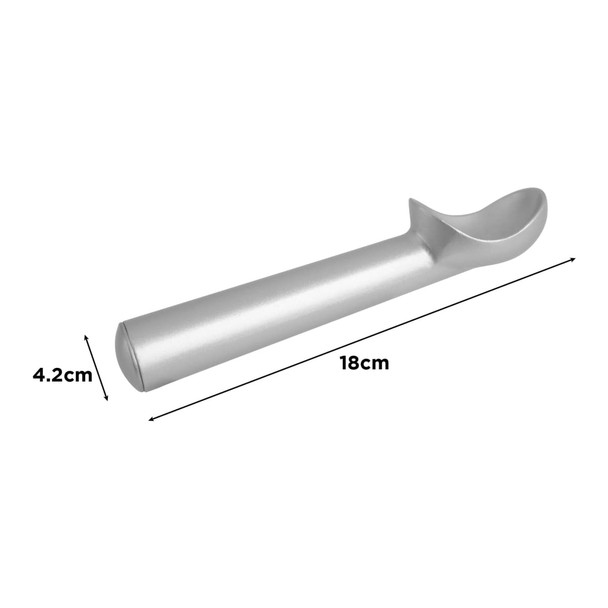 A silver ice cream scoop with a curved head and a straight handle, measuring 18cm in length and 4.2cm wide.