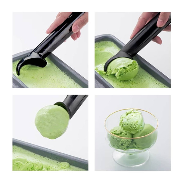 An ice cream scoop with a black handle is shown scooping green ice cream, forming a ball in a glass bowl.