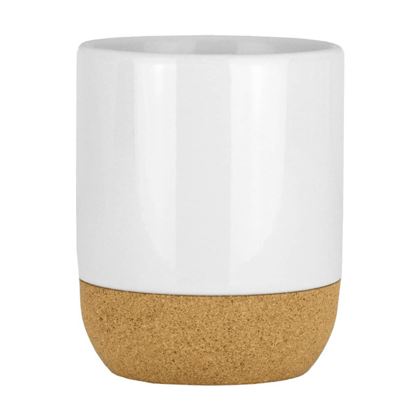 A ceramic mug with a white upper section and a cork base, featuring a smooth finish and a logo.