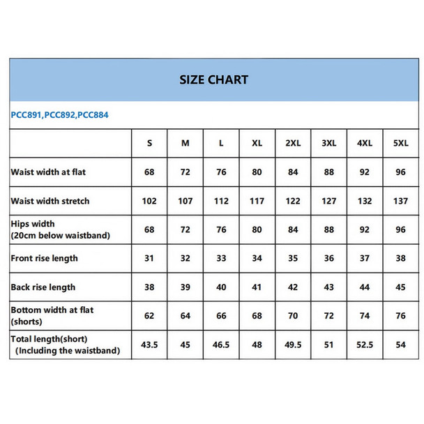 A size chart for 100% polyester sublimated breathable soccer shorts displaying measurements for various sizes.