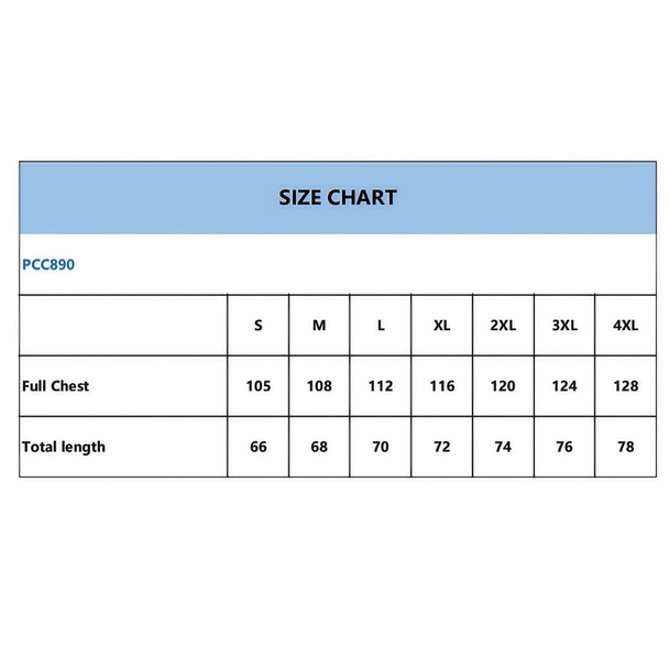 A size chart for a jacket featuring measurements for various sizes, including full chest and total length. A size chart for a jacket featuring measurements for various sizes, including full chest and total length.