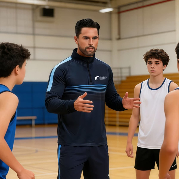 A navy and light blue polyester spandex jacket with a high stand-up collar and 1/4 zip, featured on a coach and players.