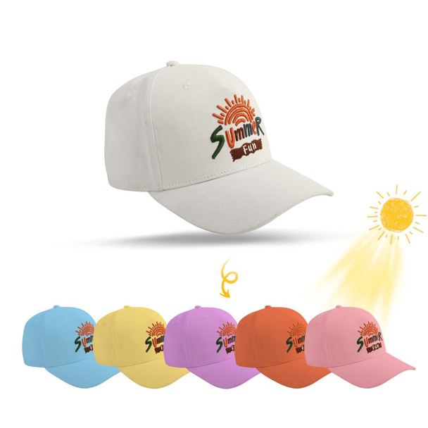 A colour changing baseball cap in light beige, with various caps in blue, pink, purple, orange, and yellow below, featuring a logo.