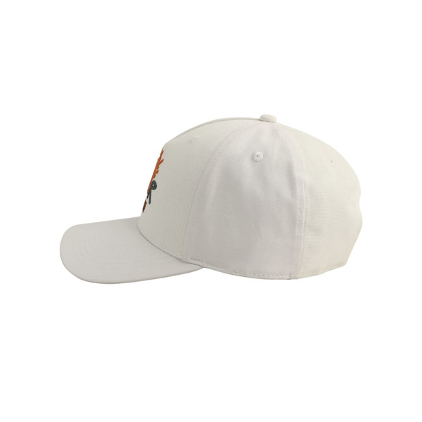 A colour changing baseball cap in white, featuring a logo on the front, viewed from the side.