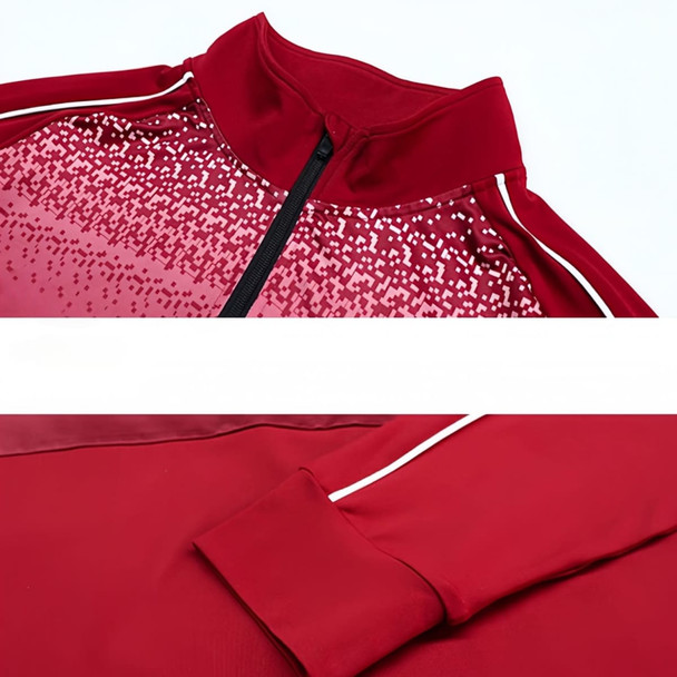 A red Polyester Spandex jacket featuring a stand-up collar and quarter-zip, with spliced raglan sleeves and a textured design. A red Polyester Spandex jacket featuring a stand-up collar and quarter-zip, with spliced raglan sleeves and a textured design.