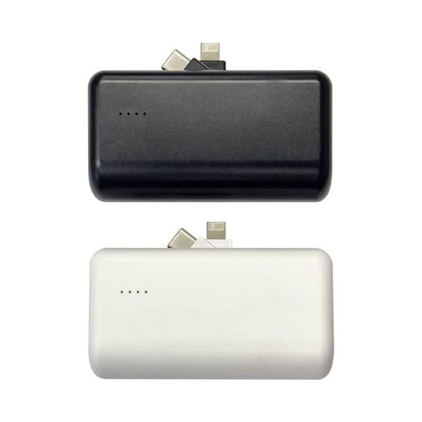 A power bank stand with a black and a white unit, each featuring built-in connectors and a logo. A power bank stand with a black and a white unit, each featuring built-in connectors and a logo.