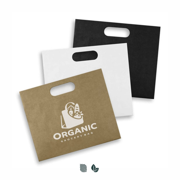A large die-cut paper bag set in black, white, and kraft brown, featuring a logo.