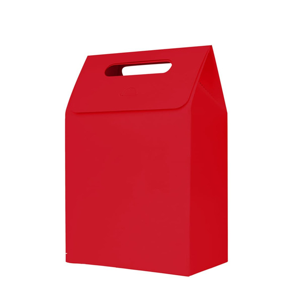 A red die cut handle bag, featuring a rectangular shape and a top flap with a handle, perfect for carrying items.