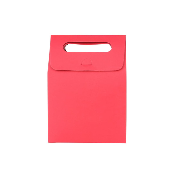 A red die cut handle bag measuring 100x160x60mm, featuring a handle at the top.