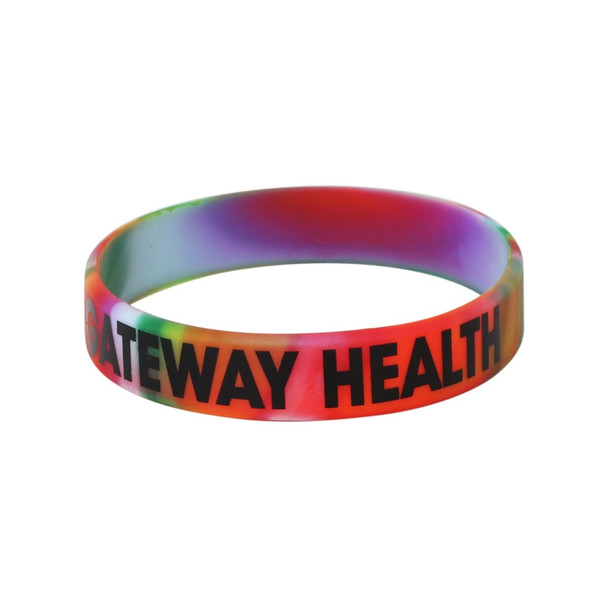 A marble coloured silicon wristband featuring a logo, with vibrant hues of red, green, and purple.