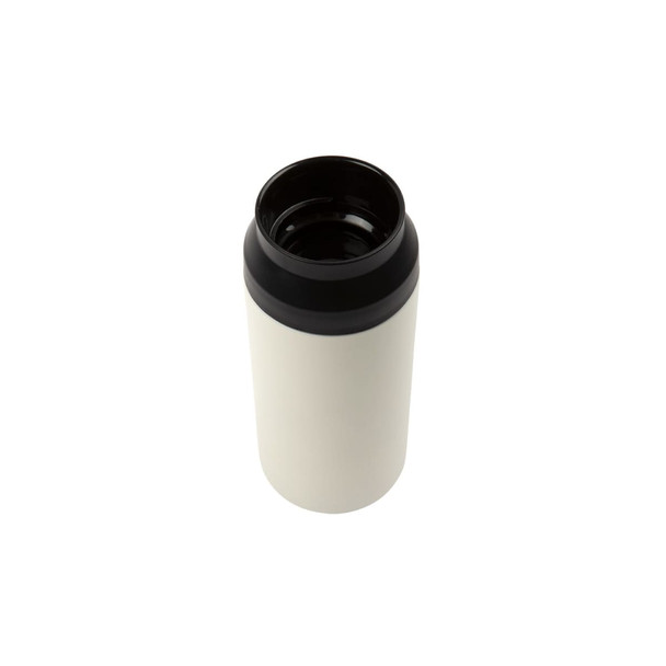 A double wall coffee cup in cream with a black lid and interior, featuring branding.