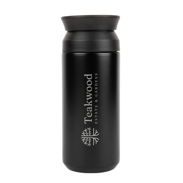 A black double wall coffee cup with a lid, featuring a logo on the side.