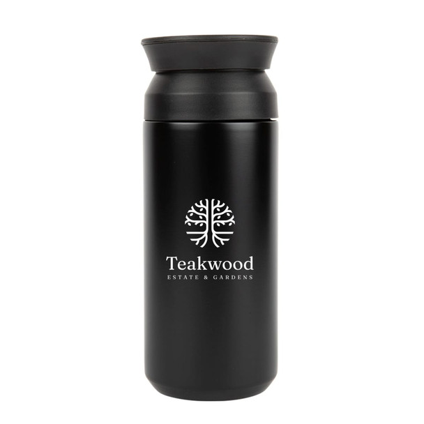 A double wall coffee cup in matte black with a lid and a logo on the front.