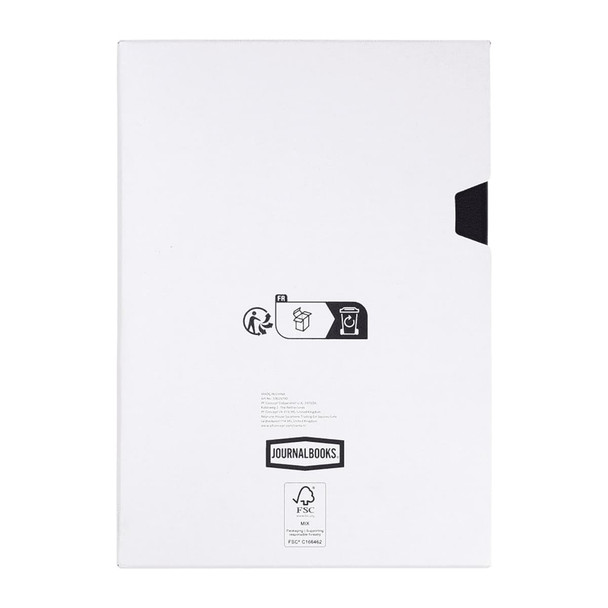 A white diary with a black closure, featuring branding and illustrations on the cover.