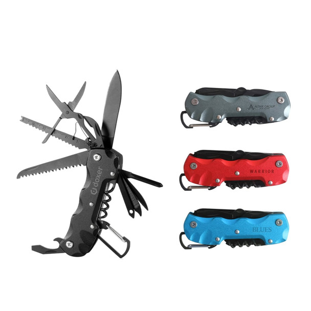 A multifunction pocket knife in black with various tools, alongside three additional pocket knives in red, blue, and grey.