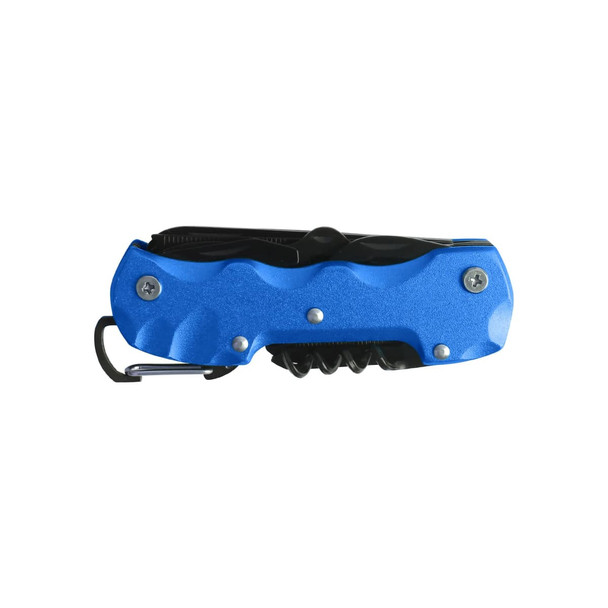 A blue multifunction pocket knife with a black handle and a carabiner clip, featuring various tools and a sleek design.