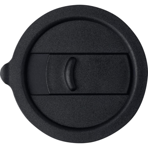 A black lid for a drink bottle, featuring a sliding closure and a textured grip. It has a circular design.