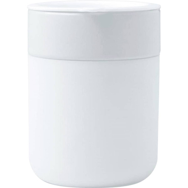 A ceramic tumbler in white with a silicone wrap, featuring a lid and a smooth, glossy finish.