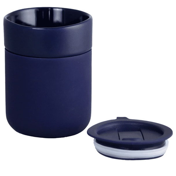 A drink bottle, navy ceramic tumbler with a silicone wrap and a removable lid.