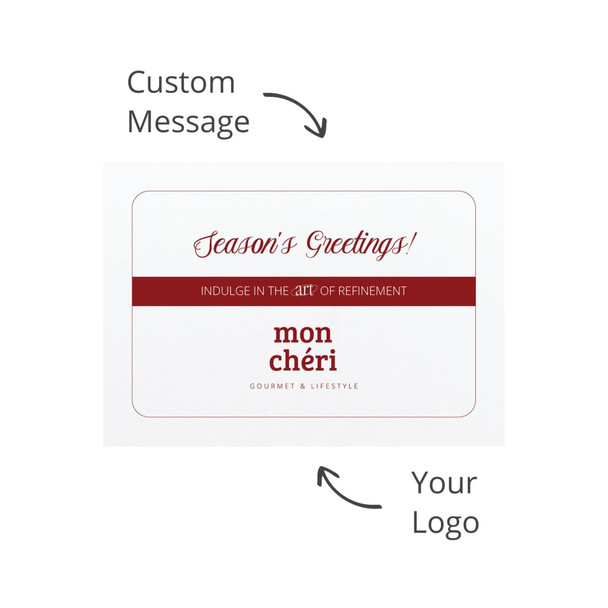 A white card featuring a festive greeting with a red accent and space for a custom message. Includes a logo.