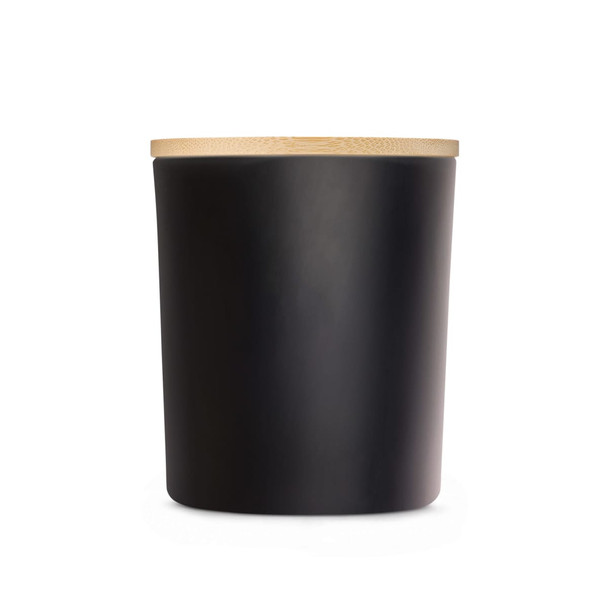 A large black glass candle with a smooth finish and a bamboo lid. Minimalistic design with a sleek appearance.