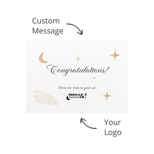 A white card with decorative gold stars and lines, featuring the word "Congratulations!" and a branding logo.