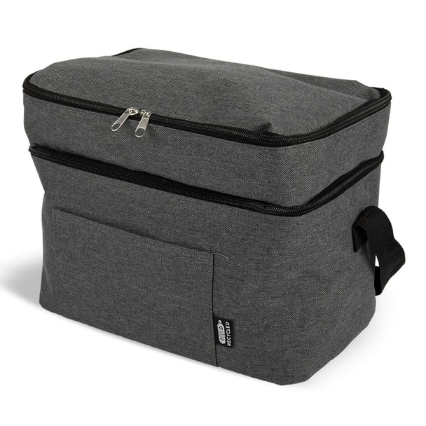 A grey insulated cooler bag with a zippered top and a front pocket, featuring a carry handle.
