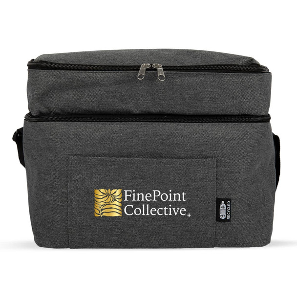 A grey insulated bag with a zippered top and a front pocket featuring a logo.