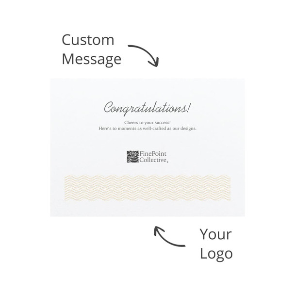 A white card featuring a wave pattern, with space for a custom message and a logo.