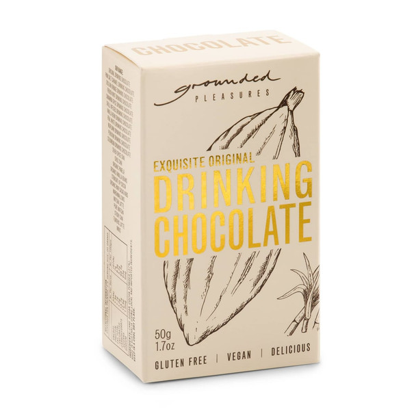 A package of drinking chocolate in cream and beige, featuring a logo and a sketch of cocoa pods. A package of drinking chocolate in cream and beige, featuring a logo and a sketch of cocoa pods.