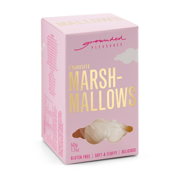 A pink box of marshmallows with a fluffy, soft texture. The box features a logo and highlights gluten-free content.