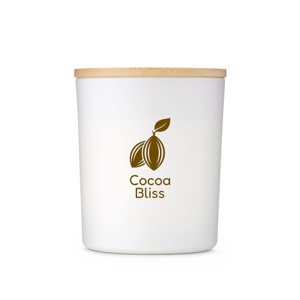 A white candle jar with a bamboo lid featuring a logo and the text "Cocoa Bliss."