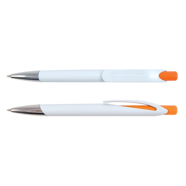 A plastic pen featuring a white barrel and an orange top. It has a chrome accent and a clip for easy handling.