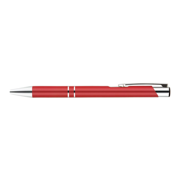 A red metal pen with a sleek design and silver accents, featuring two subtle stripes.