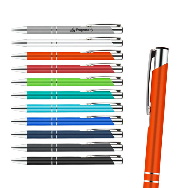 A collection of metal pens in various colours, including orange, red, green, blue, and black, with a logo on some.