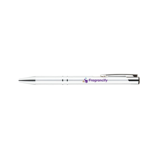 A metal pen in white with a shiny silver clip and a logo printed on the side.