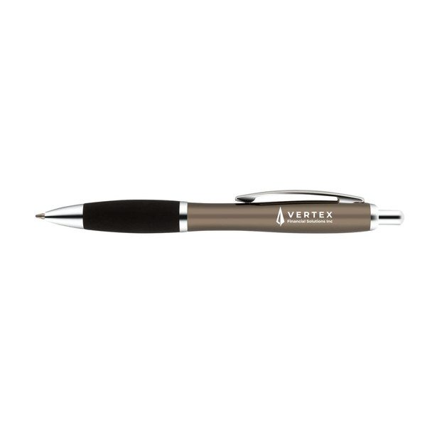 A metal pen in bronze with black grip and chrome accents, featuring a logo.