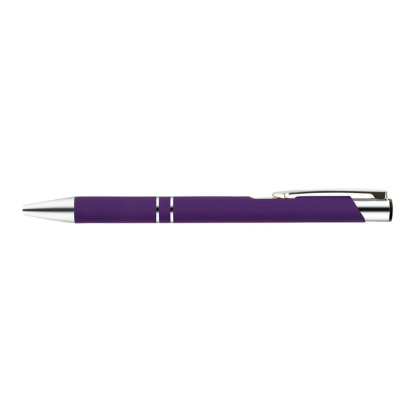 A metal pen featuring a sleek purple design with silver accents.