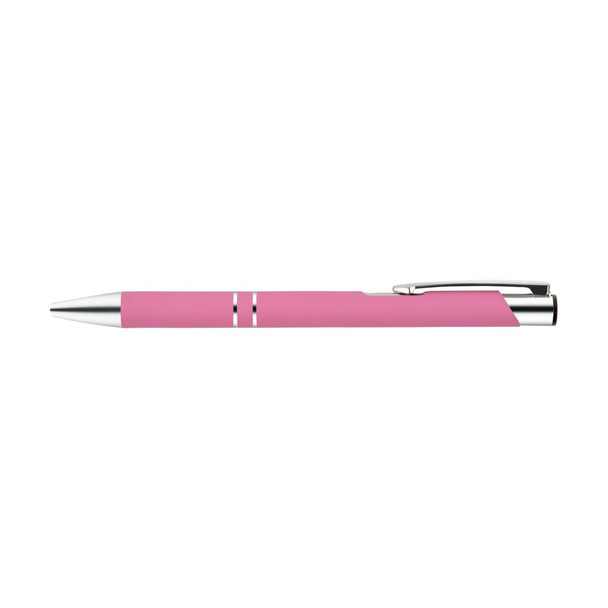 A pink metal pen with a shiny silver clip and accents, featuring a branding logo.