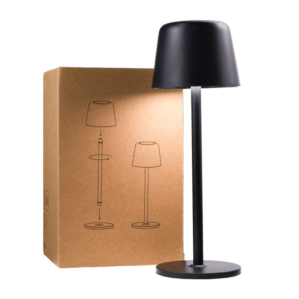 A black rechargeable lamp stands beside its box featuring simple illustrations of its design.