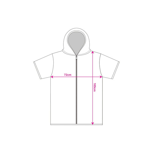 A grey hooded change towel with a zip, featuring dimensions of 72 cm width and 105 cm length. It includes a logo. A grey hooded change towel with a zip, featuring dimensions of 72 cm width and 105 cm length. It includes a logo.