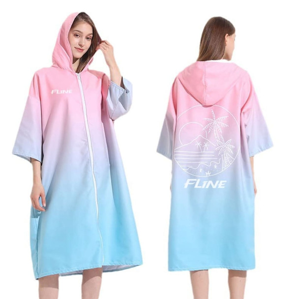 A hooded change towel in pink and light blue with a zip, featuring a logo and a tropical design on the back. A hooded change towel in pink and light blue with a zip, featuring a logo and a tropical design on the back.
