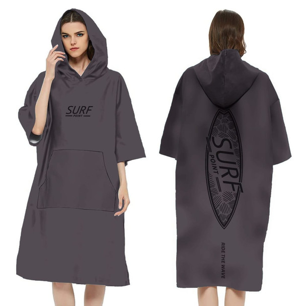 A hooded change towel made of 100% microfibre in grey, featuring a logo on the front and back. A hooded change towel made of 100% microfibre in grey, featuring a logo on the front and back.