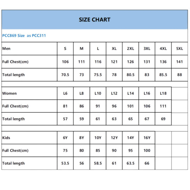A size chart displaying measurements for men's, women's, and kids' sizes including chest and length details.