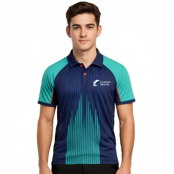 A man wearing a blue and teal 100% polyester micro mesh raglan polo shirt with a logo on the chest.
