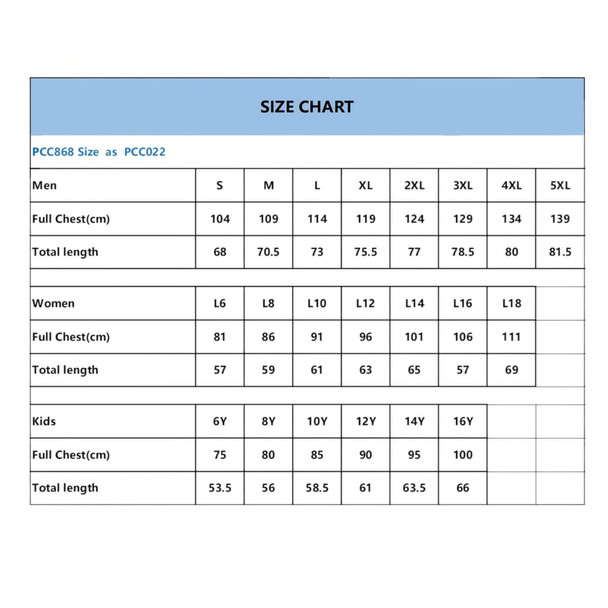 A size chart detailing measurements for men’s, women’s, and kids’ apparel in various sizes.